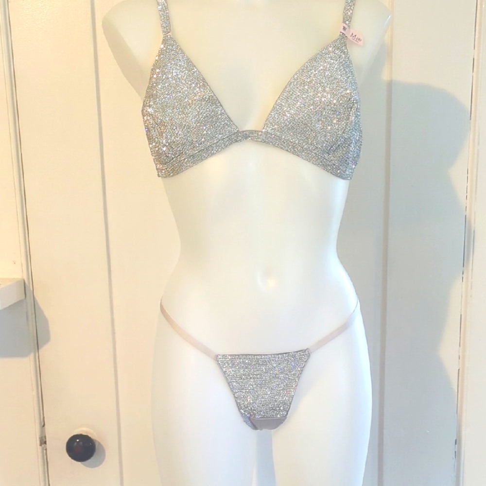 Victoria's Secret Silver Rhinestone Bra And Thong